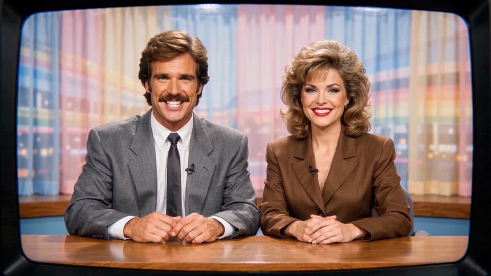 The Astro Raker program's 1987 television hosts at the news desk.